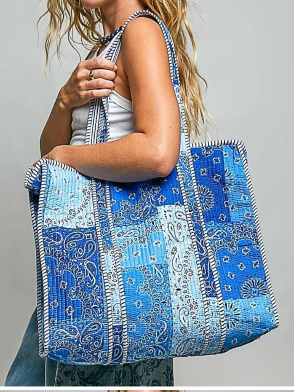 POL Coastal Blue Quilted Patchwork Tote 100% Cotton NWT - Picture 2 of 7